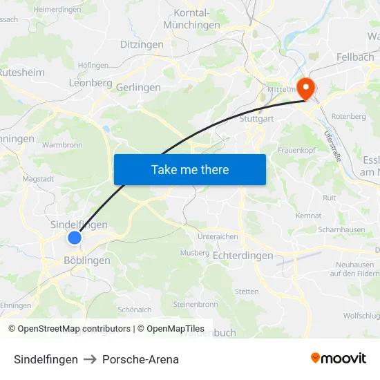Sindelfingen to Porsche-Arena map