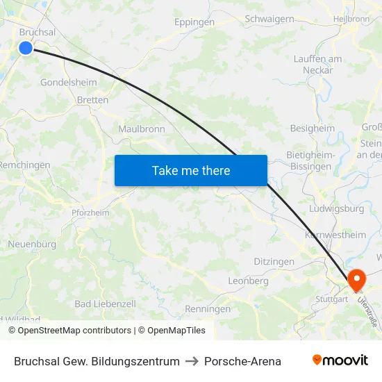 Bruchsal Gew. Bildungszentrum to Porsche-Arena map