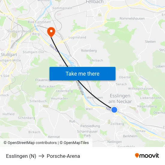 Esslingen (N) to Porsche-Arena map