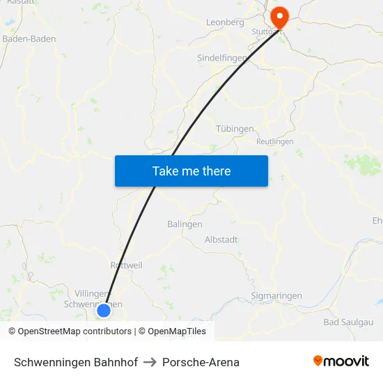Schwenningen Bahnhof to Porsche-Arena map