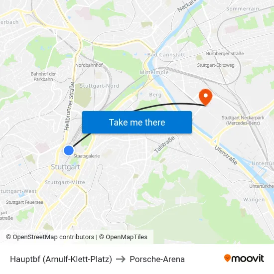 Hauptbf (Arnulf-Klett-Platz) to Porsche-Arena map