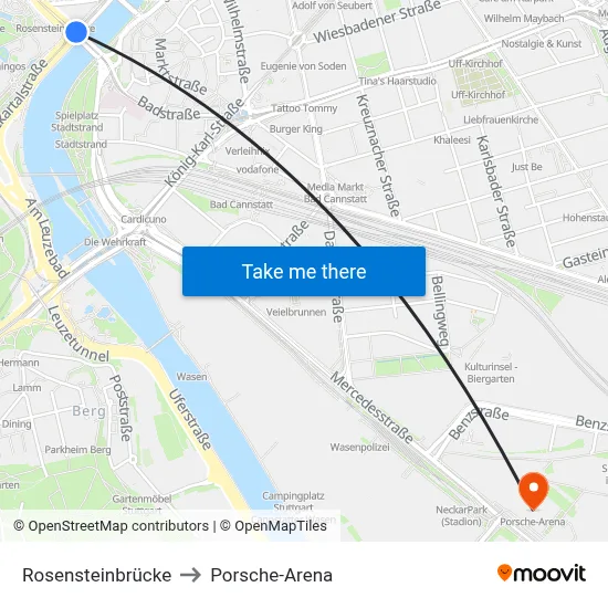 Rosensteinbrücke to Porsche-Arena map