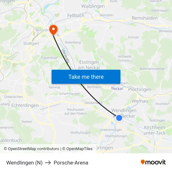 Wendlingen (N) to Porsche-Arena map