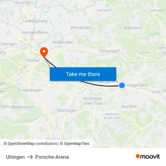 Uhingen to Porsche-Arena map