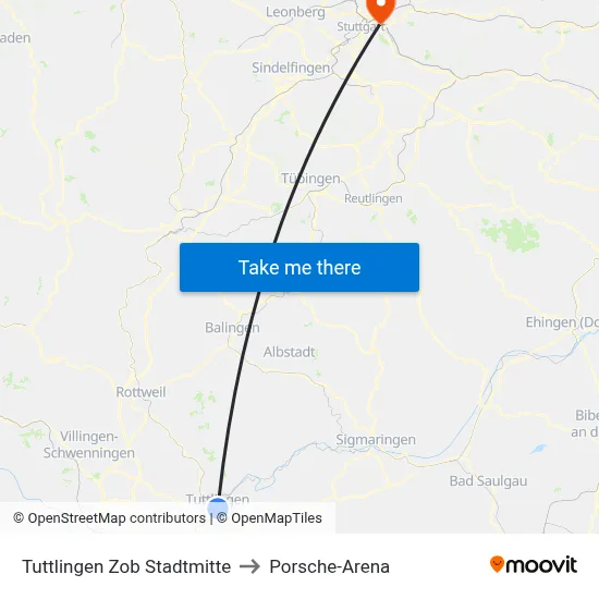 Tuttlingen Zob Stadtmitte to Porsche-Arena map