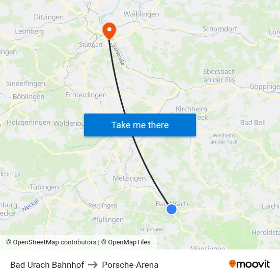 Bad Urach Bahnhof to Porsche-Arena map