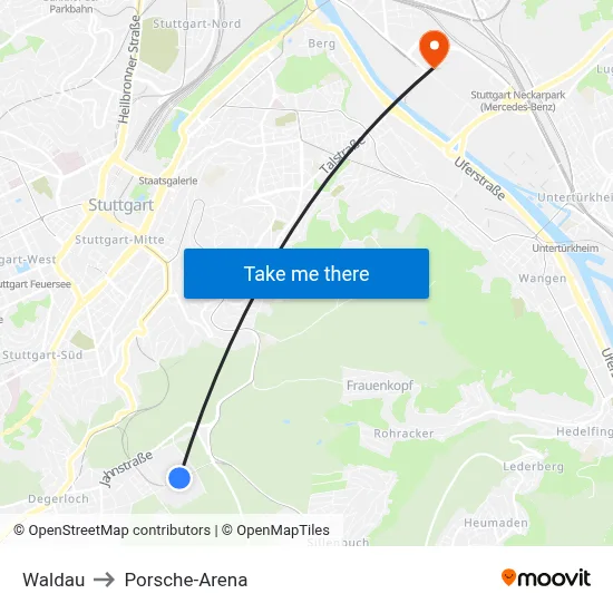 Waldau to Porsche-Arena map