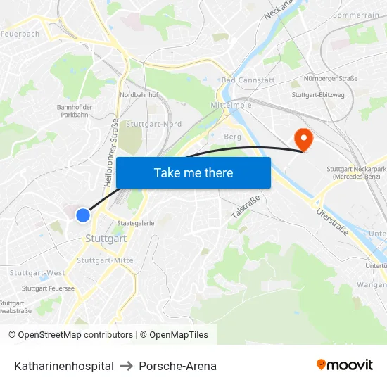 Katharinenhospital to Porsche-Arena map
