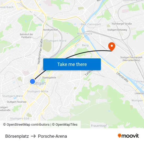 Börsenplatz to Porsche-Arena map