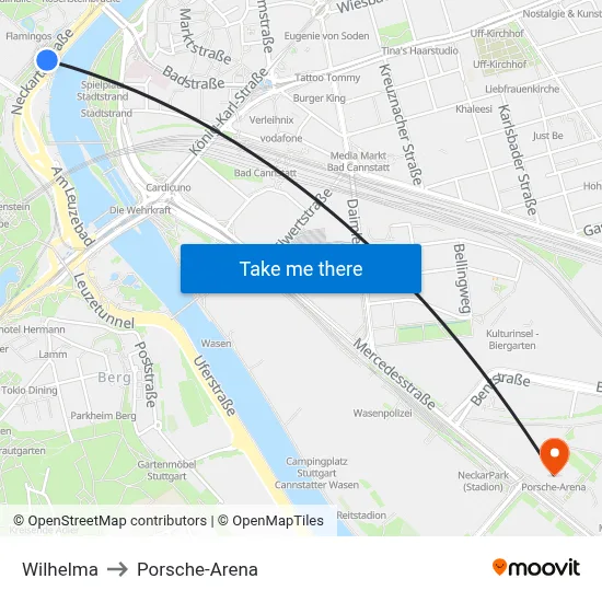 Wilhelma to Porsche-Arena map