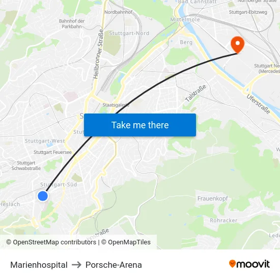 Marienhospital to Porsche-Arena map