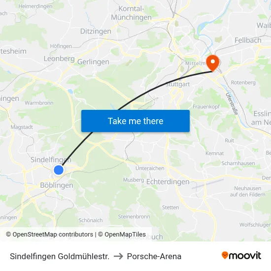 Sindelfingen Goldmühlestr. to Porsche-Arena map