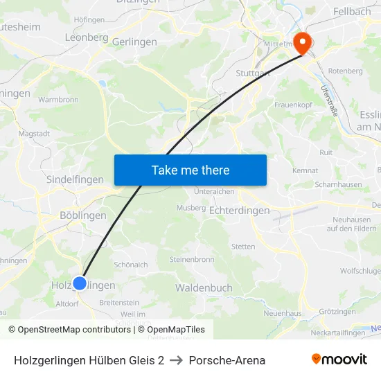 Holzgerlingen Hülben Gleis 2 to Porsche-Arena map