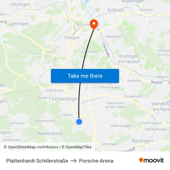 Plattenhardt Schillerstraße to Porsche-Arena map