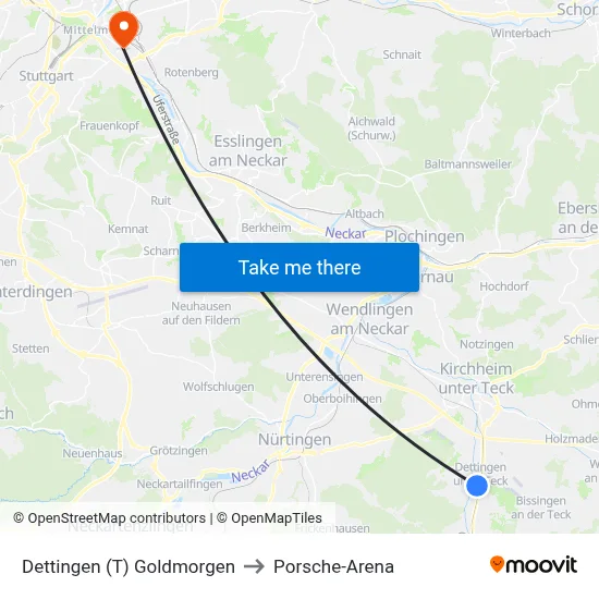 Dettingen (T) Goldmorgen to Porsche-Arena map