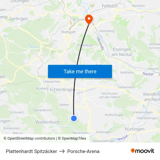Plattenhardt Spitzäcker to Porsche-Arena map