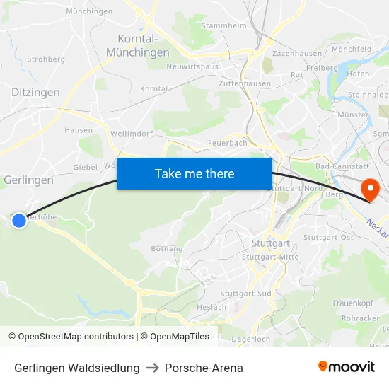 Gerlingen Waldsiedlung to Porsche-Arena map
