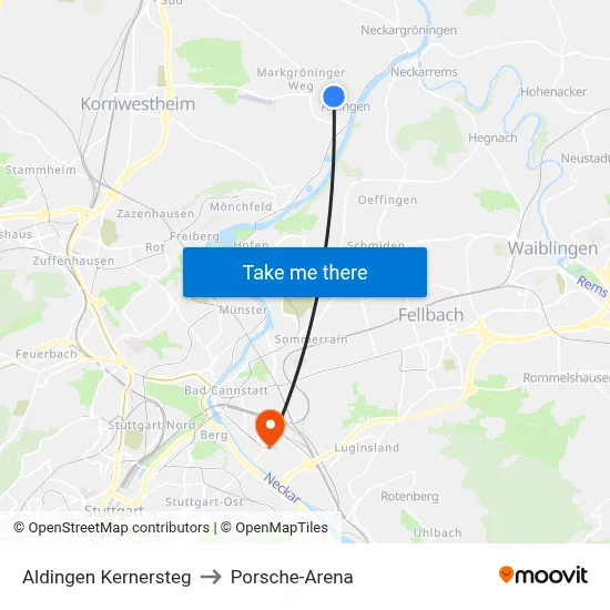 Aldingen Kernersteg to Porsche-Arena map