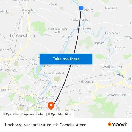 Hochberg Neckarzentrum to Porsche-Arena map