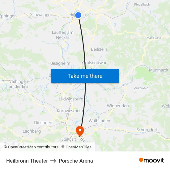 Heilbronn Theater to Porsche-Arena map