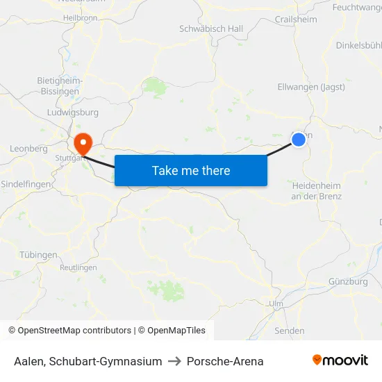 Aalen, Schubart-Gymnasium to Porsche-Arena map