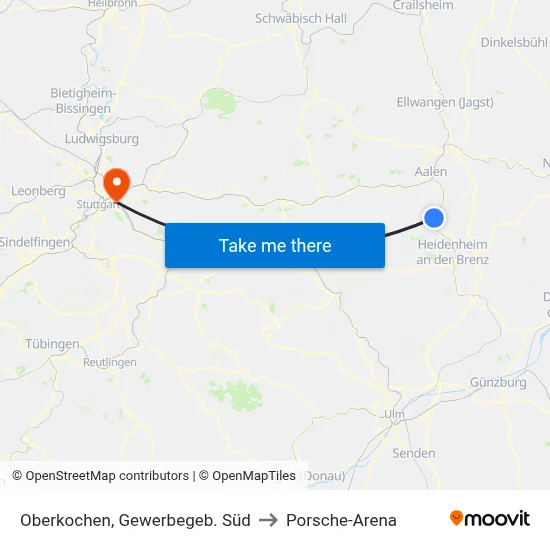 Oberkochen, Gewerbegeb. Süd to Porsche-Arena map