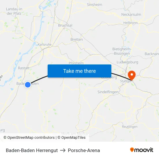 Baden-Baden Herrengut to Porsche-Arena map