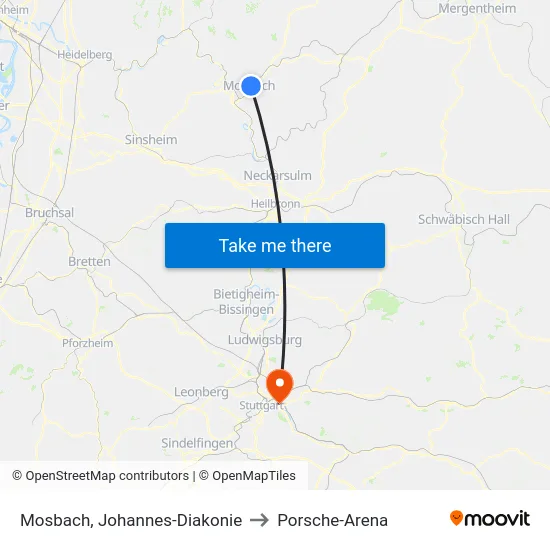 Mosbach, Johannes-Diakonie to Porsche-Arena map