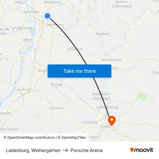 Ladenburg, Weihergärten to Porsche-Arena map