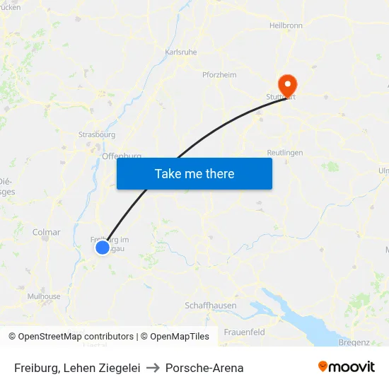 Freiburg, Lehen Ziegelei to Porsche-Arena map