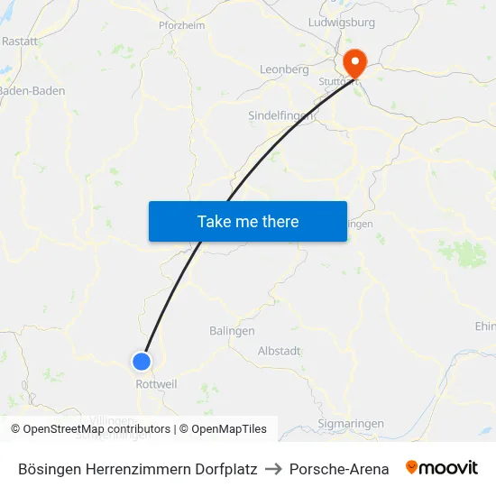 Bösingen Herrenzimmern Dorfplatz to Porsche-Arena map