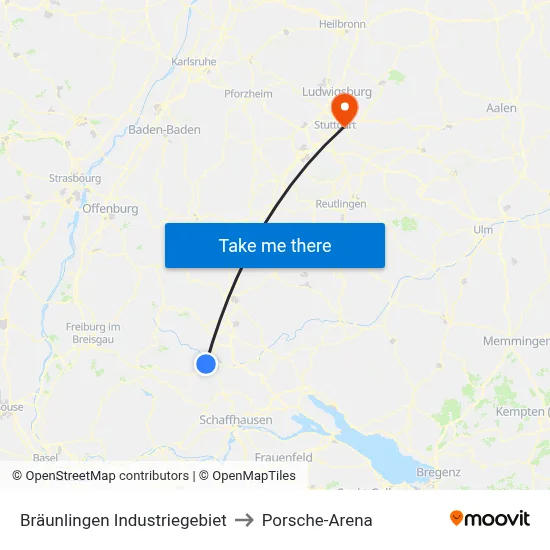 Bräunlingen Industriegebiet to Porsche-Arena map