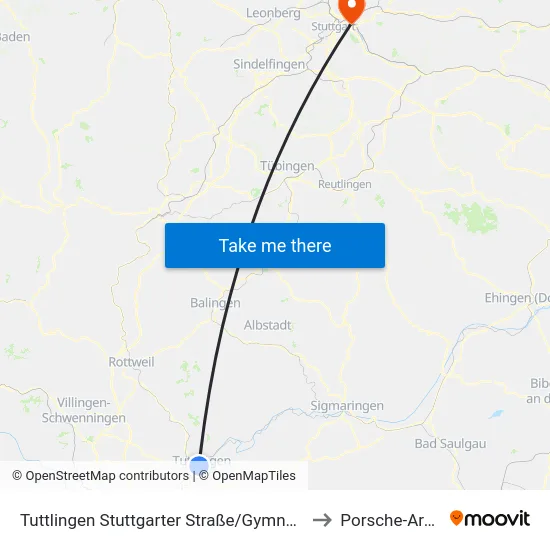 Tuttlingen Stuttgarter Straße/Gymnasium to Porsche-Arena map