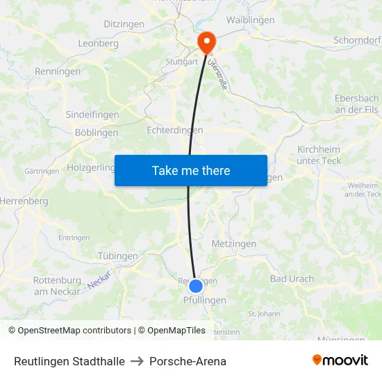 Reutlingen Stadthalle to Porsche-Arena map