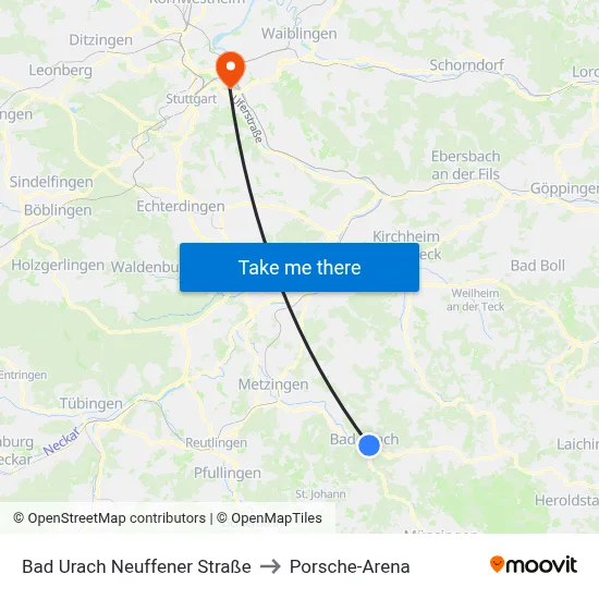 Bad Urach Neuffener Straße to Porsche-Arena map