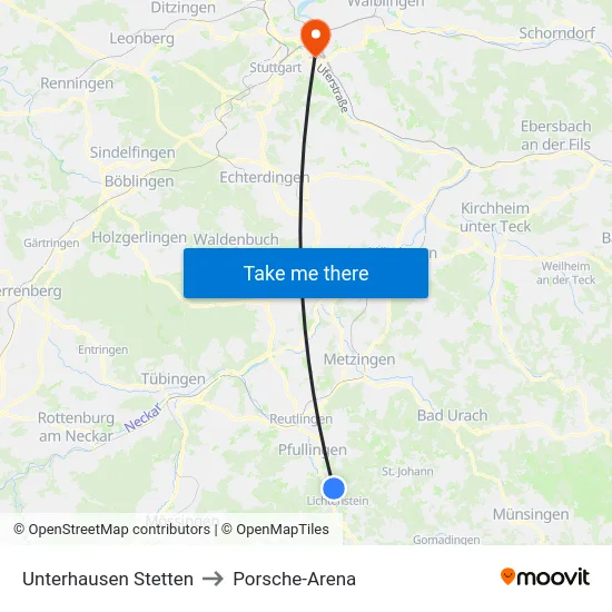 Unterhausen Stetten to Porsche-Arena map