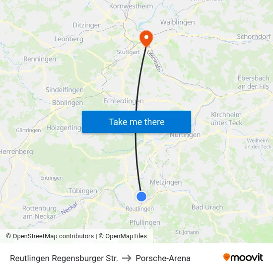 Reutlingen Regensburger Str. to Porsche-Arena map