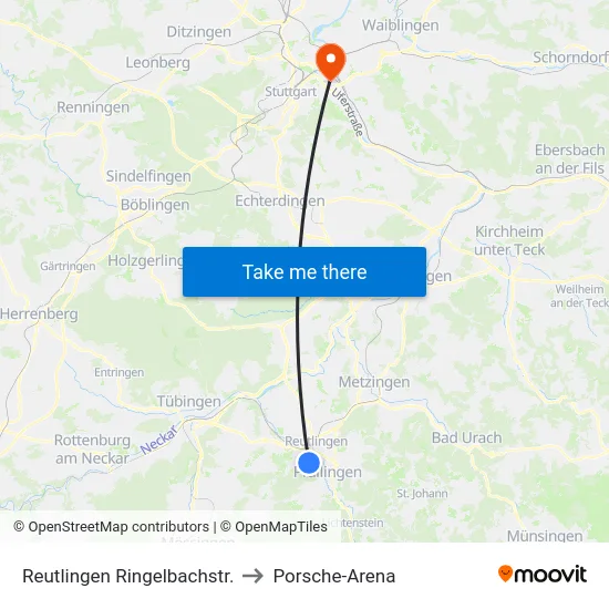 Reutlingen Ringelbachstr. to Porsche-Arena map