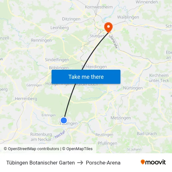 Tübingen Botanischer Garten to Porsche-Arena map