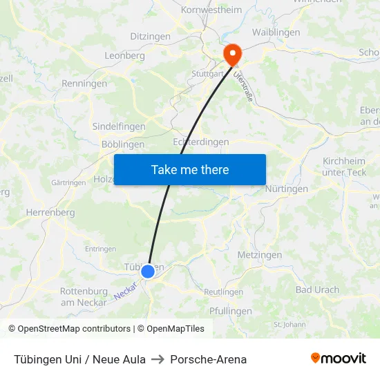 Tübingen Uni / Neue Aula to Porsche-Arena map