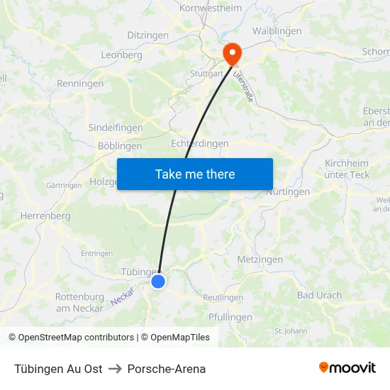 Tübingen Au Ost to Porsche-Arena map