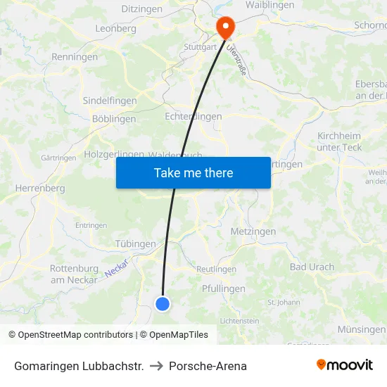 Gomaringen Lubbachstr. to Porsche-Arena map