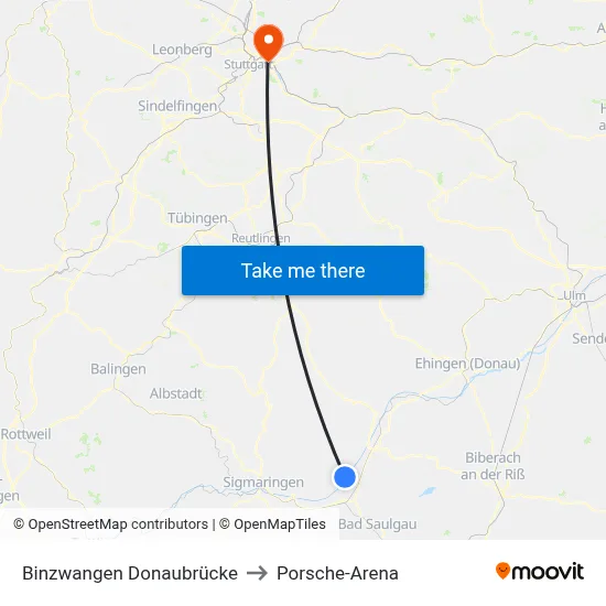 Binzwangen Donaubrücke to Porsche-Arena map