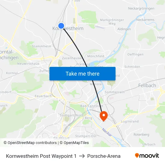 Kornwestheim Post Waypoint 1 to Porsche-Arena map