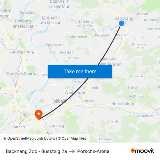 Backnang Zob - Bussteig 2a to Porsche-Arena map