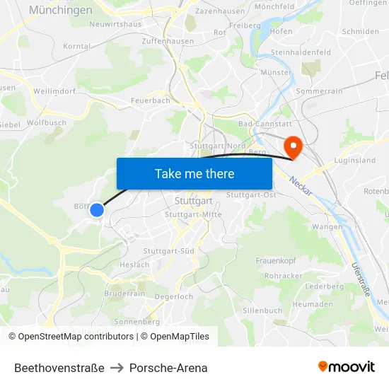 Beethovenstraße to Porsche-Arena map