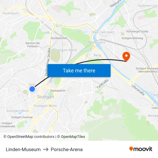 Linden-Museum to Porsche-Arena map