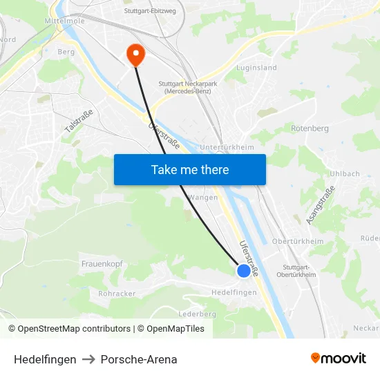 Hedelfingen to Porsche-Arena map