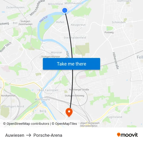 Auwiesen to Porsche-Arena map