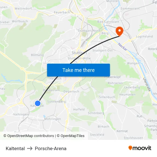 Kaltental to Porsche-Arena map